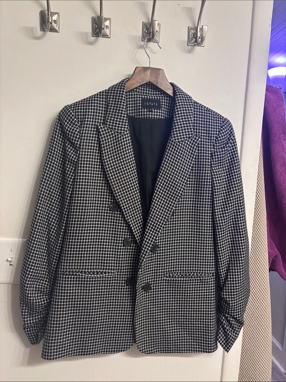 1. State Black and White Checked Double-Breasted Blazer